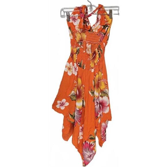 Vibrant Orange Tropical Floral Halter Dress Hawaiian Style No Tag - Picture 2 of 5